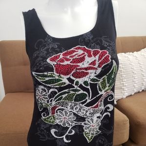 🌹Black Tank Top with Rose 🌹 - Rhinestones